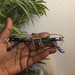 Versace Unisex Eyeglasses Read Glasses Rectangle Gold Rim Rhinestone Black Frame